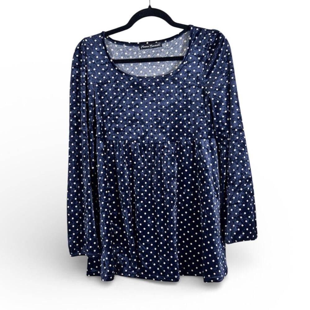 Anne Basket Blue Polka Dot Velvet Peplum Blouse Womens S Fall Boho Babydoll Top